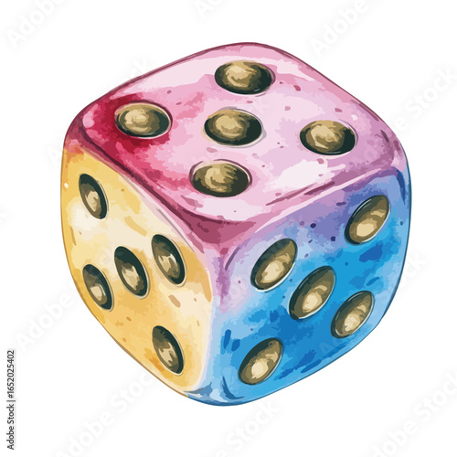 Watercolor Dice with Varied Colors and Distinctive Dot Arrangement