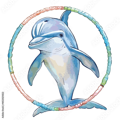 Watercolor Dolphin Leaping Through a Colorful Segmented Hula Hoop