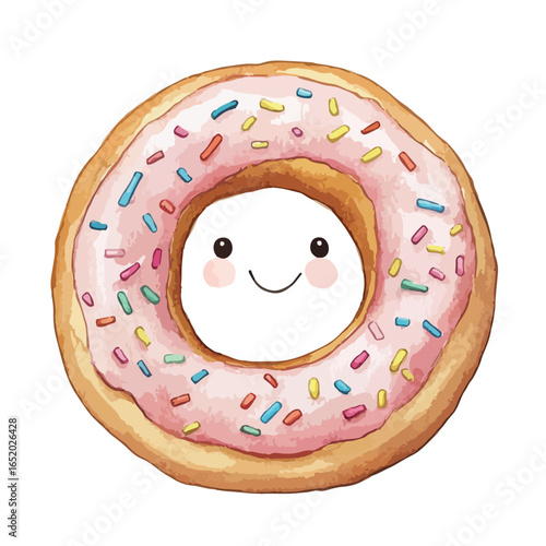 Watercolor Donut with Smiling Face Pink Frosting and Colorful Sprinkles