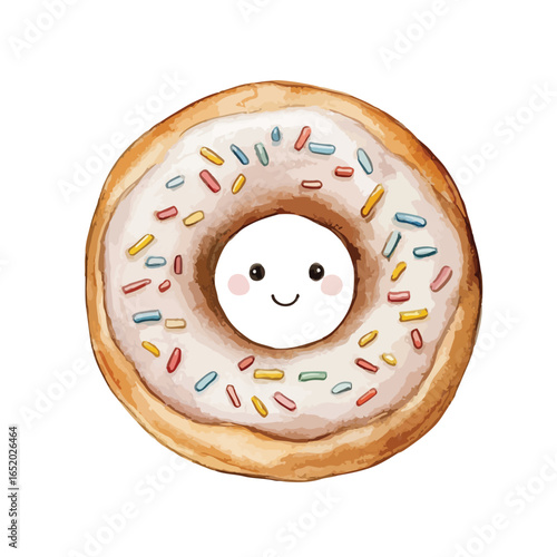 Watercolor Donut with Vanilla Frosting and Smiling Face in the Center Hole