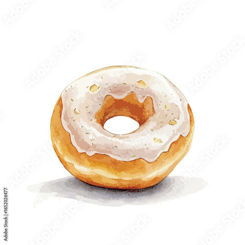 Watercolor Donut with White Icing and Green Sprinkles Shadowed on White