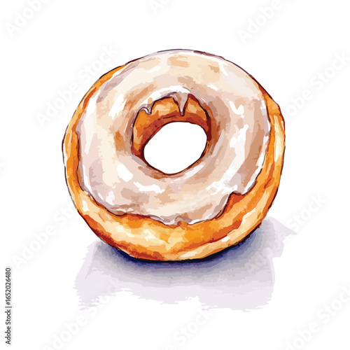 Watercolor donut with vanilla glaze dripping slightly casting a soft shadow