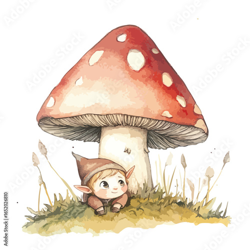 Watercolor Elf Child Resting Under a RedCapped Mushroom with White Spots