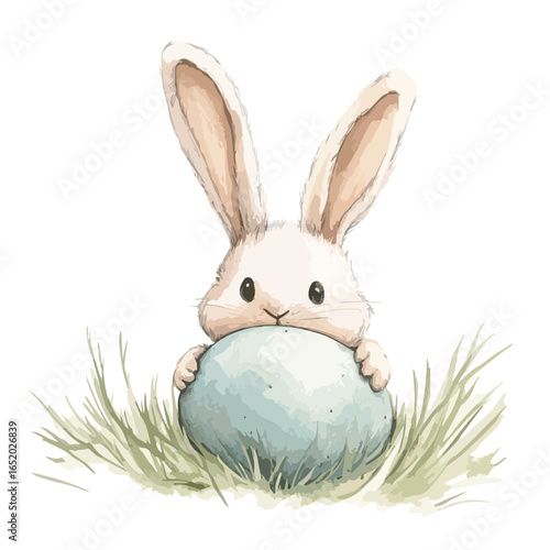 Watercolor Easter Bunny Hugging a Speckled Blue Egg in Green Grass