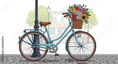 Charming blue bicycle with a basket full of colorful flowers parked on a cobblestone street