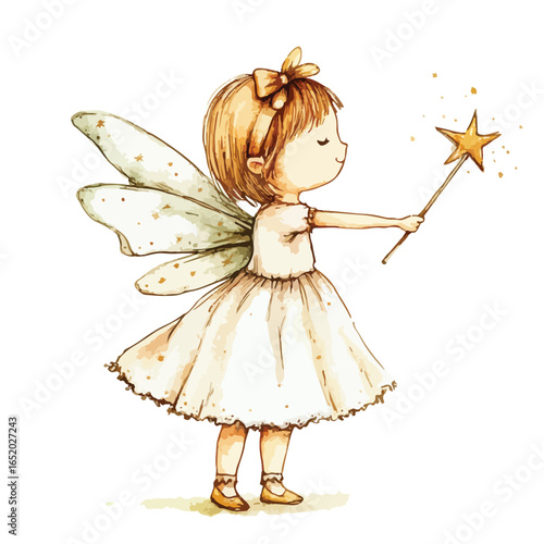 Watercolor Fairy Girl with Wings and Star Wand Eyes Closed in Dreamy Serenity