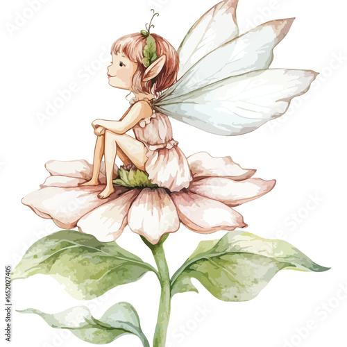 Watercolor Fairy Sitting on a Delicate Pink Flower with Wings