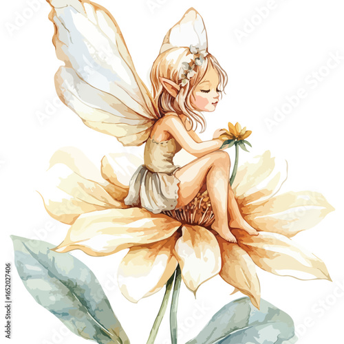 Watercolor Fairy Resting on a Large Yellow Flower with Delicate Wings