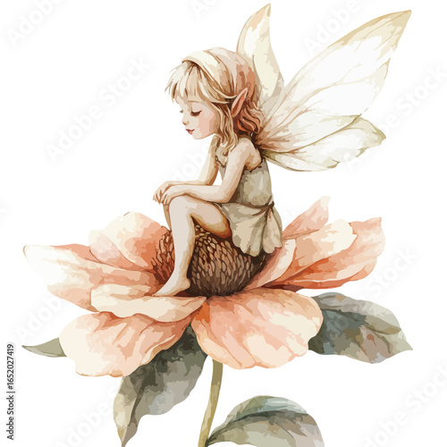 Watercolor Fairy Sitting on a Large PeachColored Flower with Wings