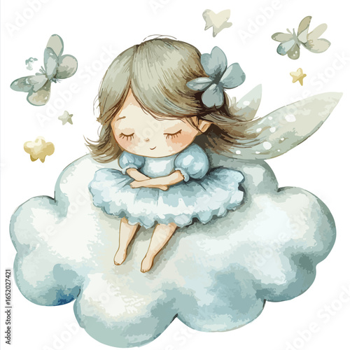 Watercolor Fairy Sleeping Serene on a Fluffy Cloud