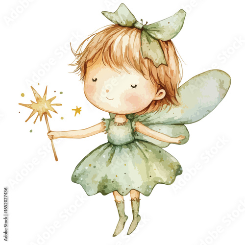 Watercolor fairy with blonde hair green dress wings bow and magic wand
