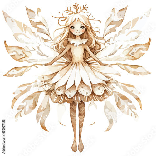 Watercolor Fairy with Antler Crown and Floral Wings in Earth Tones