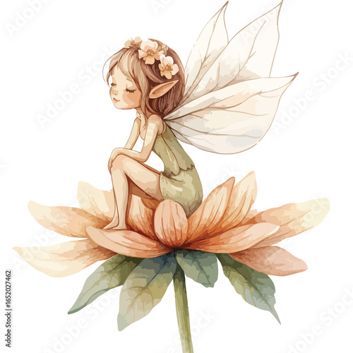 Watercolor fairy with flower crown sitting on a peach colored flower