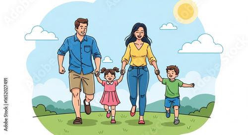 Happy family running together in a park on a sunny day, illustration