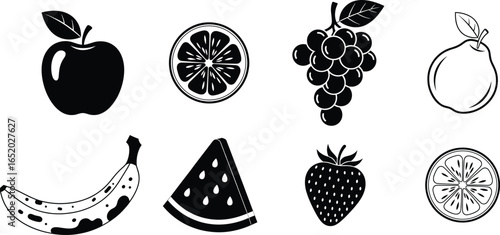Black and white fruit collection vector, apple, banana, orange slice, grape, pear, strawberry, watermelon, citrus, healthy food, icon, illustration, isolated