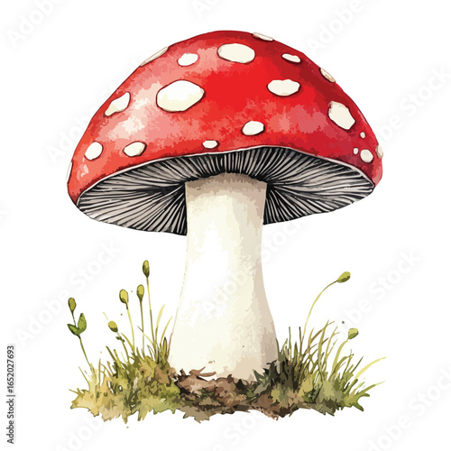 Watercolor Fly Agaric Mushroom with Delicate Grass