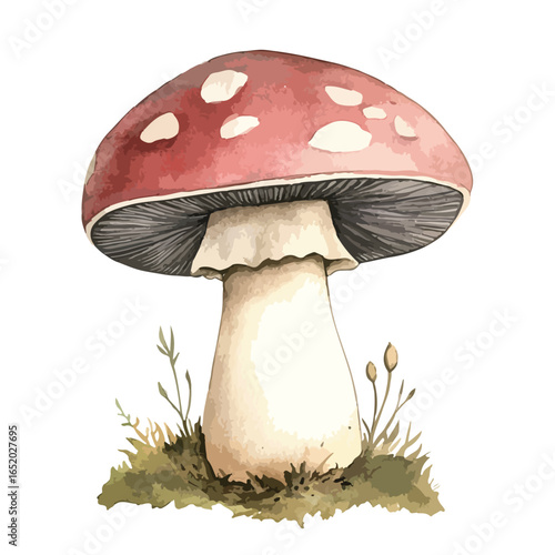 Watercolor Fly Agaric Mushroom with Delicate Ground Flora