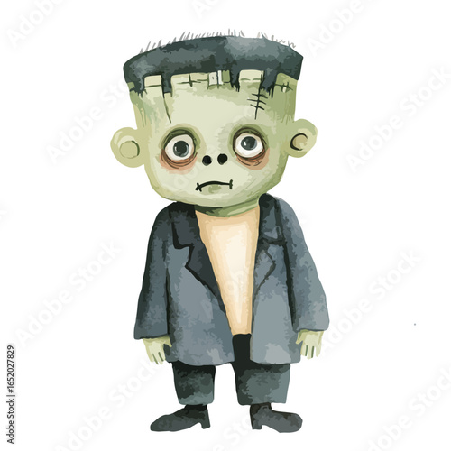 Watercolor Frankensteins Monster with Stitched Forehead and Oversized Coat