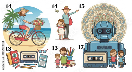 Collection of vintage illustrations with people, robot, bicycle, cassette tape