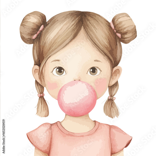 Watercolor girl with pigtails blowing a large pink bubblegum bubble
