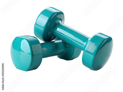 Pair of teal dumbbells for fitness training isolated on a white background