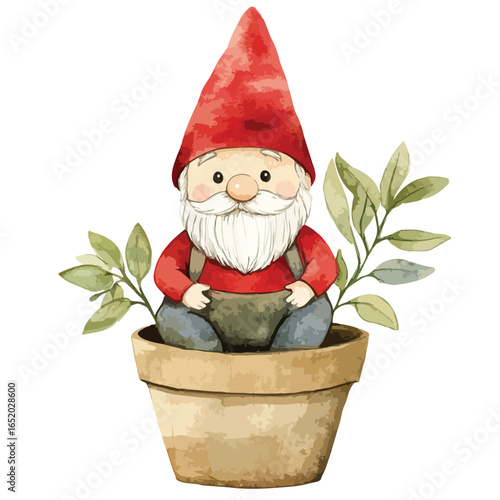 Watercolor Gnome in a Flower Pot with Green Foliage Whimsical Illustration