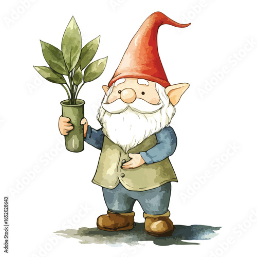 Watercolor Gnome Holding Potted Plant with Red Hat and Bushy White Beard