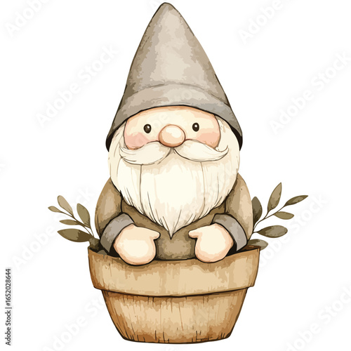Watercolor Gnome in a Pot with Foliage Neutral Tones Whimsical Illustration