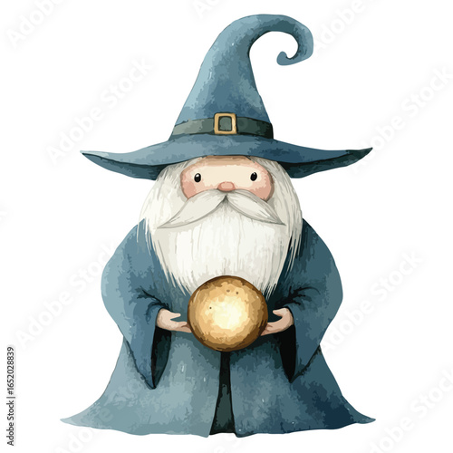 Watercolor Gnome Wizard with Crystal Ball and Blue Robes