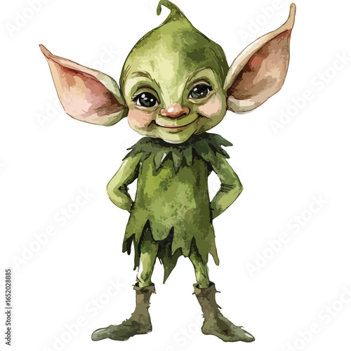 Watercolor Goblin with Large Ears and Confident Pose Smiling