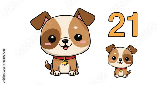 Two cute cartoon puppies with the number 21, playful and sweet