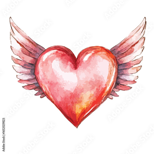 Watercolor Heart with Delicate Wings Soft Pink and Orange Hues