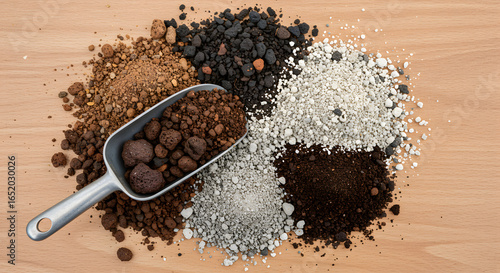 Diverse Potting Mix Components: Soil, Perlite, Vermiculite, Organic Matter, and Clay Pellets with Scoop for Gardening
