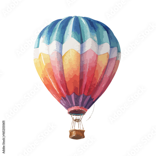 Watercolor Hot Air Balloon with Blue Pink and Yellow Stripes and Wicker Basket