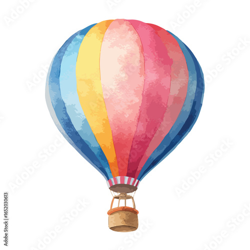 Watercolor Hot Air Balloon with Blue Pink and Yellow Panels