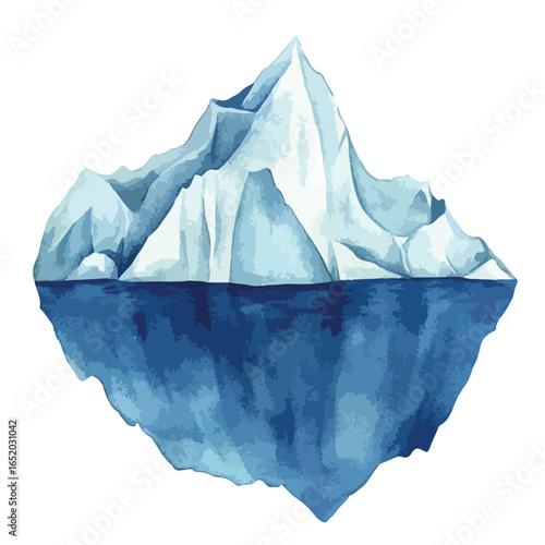 Watercolor iceberg with a sharp peak and submerged reflection in deep blue water