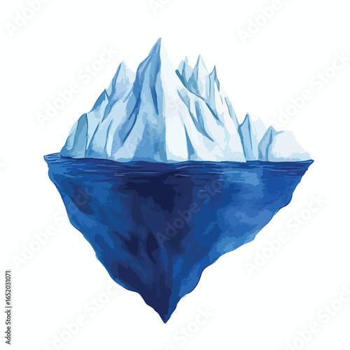 Watercolor iceberg with jagged peaks and submerged base in deep blue ocean
