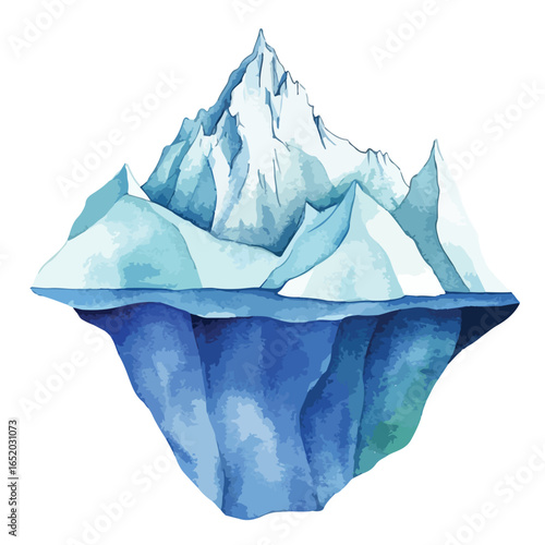 Watercolor iceberg with a towering peak and submerged base in deep blues