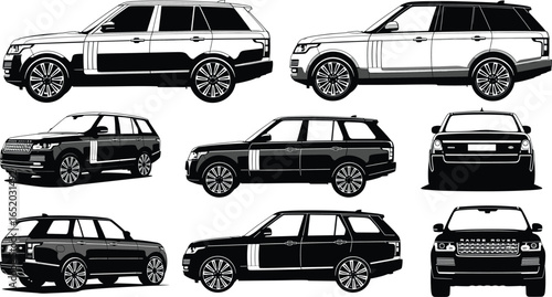 Black and white Range Rover vector illustration, luxury SUV collection, car side front rear view, off-road vehicle design, automotive icon set, transport graphic art