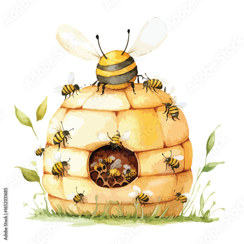 Watercolor Illustration of a Busy Beehive with Bees Buzzing Around and Inside