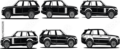 Black and white SUV vector illustration set, luxury off-road car collection, side view design, modern automobile graphic, Range Rover style vehicle, transport icon pack