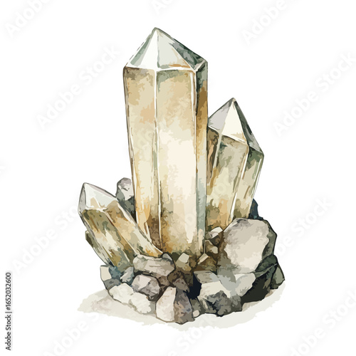 Watercolor illustration of a cluster of quartz crystals with earthy tones and sharp points