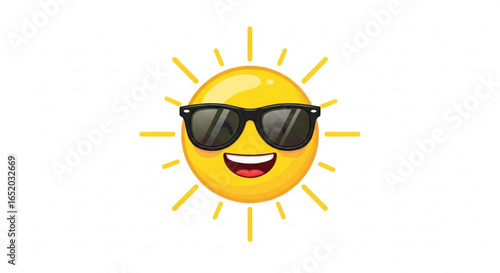 Cartoon sun with sunglasses, a happy summer emoji character