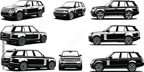 Black and white SUV vector illustration, luxury SUV collection, off-road vehicles, car silhouette set, modern SUV design, automobile graphics
