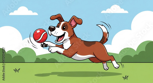 A happy dog running and playing with a ball in a park on a sunny day, cartoon illustration