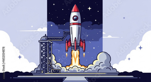Rocket launch illustration with smoke and fire against a starry night sky background