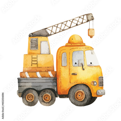 Watercolor Illustration of a Cute Yellow Construction Crane Truck