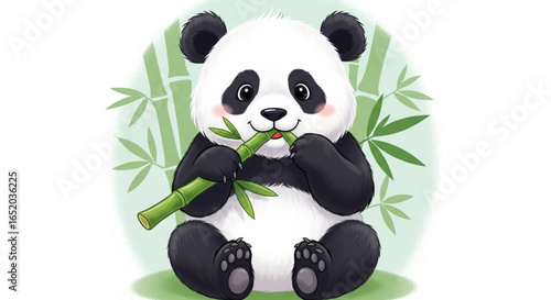 Cute panda bear eating bamboo, a sweet and adorable animal illustration