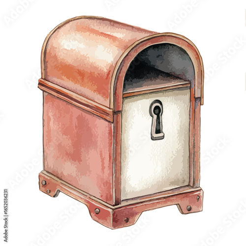 Watercolor Illustration of a Detailed Antique Chest with Keyhole and Rounded Lid