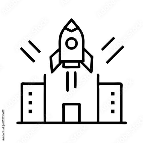 Rocket launching from startup incubator building in outline style  